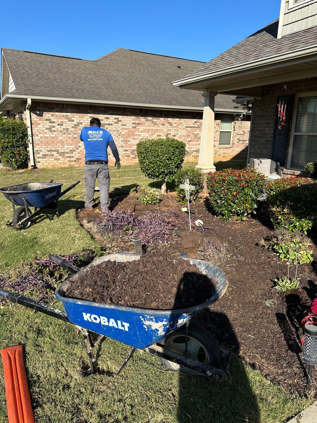 A crew member spreading fresh mulch by wheelbarrow across a front bed, working around the existing shrubs.